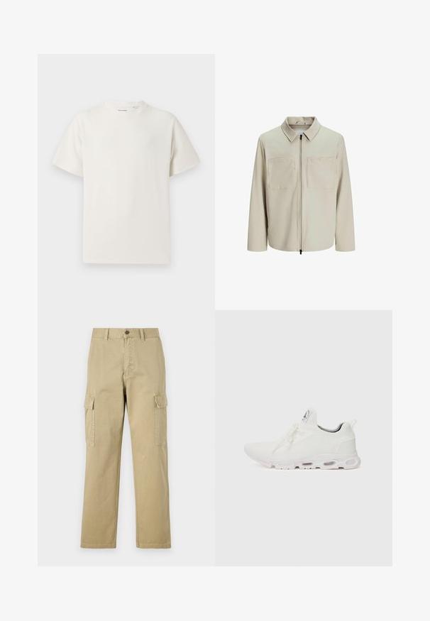 Beige takki, joka on valmistettu pehmeästä kankaasta. Siinä on kaulus, etuvetoketju ja kaksi suurta rintataskua. Pitkät hihat ja rento istuvuus.; Valkoinen lyhythihainen T-paita ribbikuviossa. Pyöreä kaula-aukko, rento istuvuus, ei näkyviä kuvioita tai yksityiskohtia. Yksinkertainen ja monikäyttöinen muotoilu.; Beige cargo-housut, jotka on valmistettu puuvillasta, ja niissä on kaksi sivutaskua, napp Closure ja suorat lahkeet, joissa on hieman teksturoitu kangas.; Valkoiset urheilukengät, joissa on teksturoitu neulepinta, litteät nauhat ja pehmustettu pohja, jossa on näkyvät ilmakammiot lisätuen tarjoamiseksi.