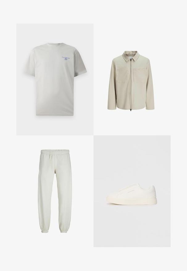Beige jakke lavet af blødt stof, med krave, frontlynlås og to store brystlommer. Lange ærmer med afslappet pasform.; Lys grå bomulds T-shirt med korte ærmer, rund halsudskæring og en lille blå logotekst på venstre brystområde. Glat overflade.; Hvide sweatpants lavet af blødt stof, med elastisk talje og håndled, der har en glat tekstur og løs pasform.; Hvide slip-on sneakers med en struktureret overflade, en tyk sål og et minimalistisk design. Har brandlogoet på siden.