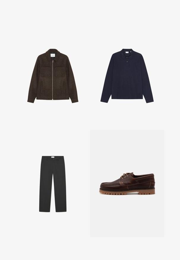 Tumepruun villane zip-up jakk, millel on kaks rinna Taskut, kaks küljetaskut ja krae.; Tumesinise pikkade varrukatega puuvillane polo särk, millel on krae, kolme nööbiga kinn closure ja lihtne tekstuur. Ilma nähtavate mustrite või aktsentideta.; Kergedest materjalist mustad püksid. Omavad sirget jala kujundust, lamedat eesmist osa, küljetaskuid ja diskreetset vööosa.; Pruunist nahast paadi kingad, millel on õmblemise detailid, nööpimise disain ja robustne kummist tallaga, millel on tekstuuriga mustrid haardeks.