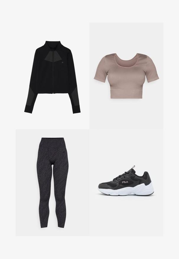 Crna jakna na patent zatvarač s visokim ovratnikom, mrežastim trokutastim uzorkom na prsima i teksturiranim naglascima na rukavima.; Ljubičasti krojeni top s kratkim rukavima, sa izrezom u obliku srpa i teksturiranim rebrastim materijalom. Jednostavan dizajn bez uzoraka ili ukrasa.; Crne tajice visokoga struka s uzorkom teksturiranog leoparda, izrađene od rastezljivog materijala, dizajnirane za udobnost i fleksibilnost.; Crne atletske tenisice od mrežastog i sintetičkog materijala, s bijelim gumiranim đonom, zaobljenim dizajnom i istaknutim logotipom sa strane.