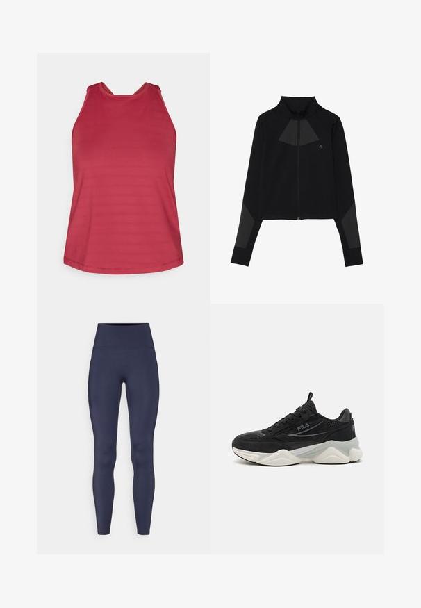 Čierna zipová bunda s vysokým golierom, sieťovým trojuholníkovým dizajnom na hrudi a textúrovanými akcentmi na rukávoch.; Červený bezrukávový športový top s vysokým výstrihom a sieťovými panelmi na pleciach, určený pre ženy.; Námornícke modré legíny vyrobené z elastického materiálu, s vysokým pásom a bočnou kapsou. Hladká текстúra s priliehavým strihom.; Čierne tenisky vyrobené z následnej a semišovej tkaniny, s hrubou podrážkou, zaobleným tvarom, jemnými sivými akcentmi a značkovým logom na boku.