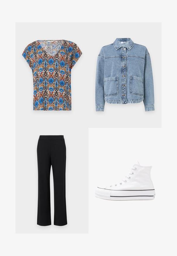 Giacca di jeans azzurro chiaro con collo, chiusura a bottoni, due tasche anteriori e un orlo leggermente accorciato. Presenta una texture sbiadita.; Top a maniche corte con un motivo colorato e intricato, con accenti blu, marroni, rossi e neri su uno sfondo chiaro. Design a V.; Pantaloni neri a zampa d'elefante con una texture liscia, vita media e tasche laterali. Design semplice senza motivi o decorazioni.; Sneaker alta in tela bianca con suola in gomma nera, punta in gomma frontale e sei asole per i lacci, caratterizzata da un design pulito e minimalista.