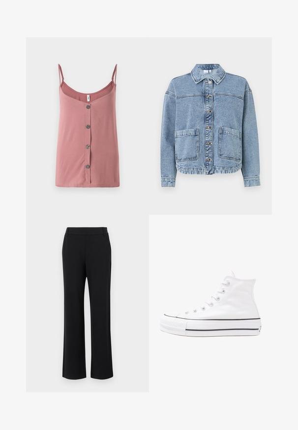 Světle modrá džínová bunda s límečkem, knoflíkovým zapínáním, dvěma předními kapsami a mírně zkráceným lemem. Má vybledlý vzhled.; Růžový top bez rukávů z hladkého materiálu s nastavitelnými ramínky, který má zapínání na knoflíky a volný střih. Ideální pro teplé počasí.; Černé rozšířené kalhoty s hladkým povrchem, středně vysokým páskem a bočními kapsami. Jednoduchý design bez vzorů nebo ozdob.; Bílé vysoké plátěné tenisky s černou gumovou podrážkou, přední gumovou špičkou a šesti očky na tkaničky, se čistým, minimalistickým designem.