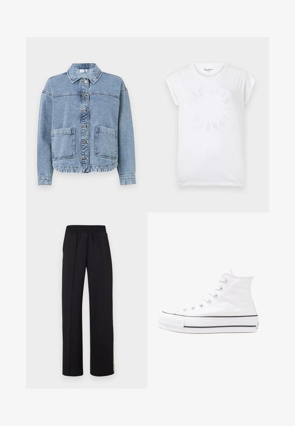 Gaiši zila džinsa jaka ar apkakli, pogu aizdari, divām priekšējām kabatām un nedaudz īsāku apakšmalu. Tam ir nolietota struktūra.; Balta kokvilnas T-krekls ar apaļu kakla izgriezumu un īsām piedurknēm. Uz krekla ir apļa teksts, kas veidots no mazām punktiem un lasāms "Pepe Jeans London."; Melni, platleņķa bikses ar elastīgu jostu un gludu tekstūru. Bez redzamām rakstu vai akcentu detaļām.; Balti augstie kanvas sporta apavi ar melnu gumijas zoli, priekšējo gumijas purngalu un sešām acīm lencēm, kuriem ir tīrs, minimālistisks dizains.