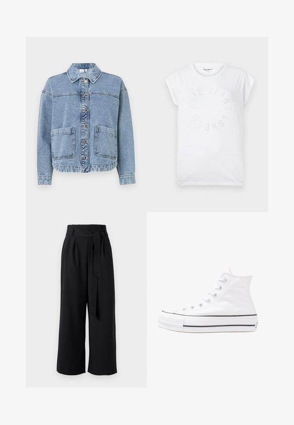 Giacca di jeans azzurro chiaro con collo, chiusura a bottoni, due tasche anteriori e un orlo leggermente accorciato. Presenta una texture sbiadita.; T-shirt bianca in cotone con scollatura rotonda e maniche corte. Presenta un design di testo circolare in piccoli punti che dice "Pepe Jeans London."; Pantaloni neri a gamba larga in tessuto leggero, con una vita annodata, pieghe e un taglio cropped sopra la caviglia.; Sneaker alta in tela bianca con suola in gomma nera, punta in gomma frontale e sei asole per i lacci, caratterizzata da un design pulito e minimalista.