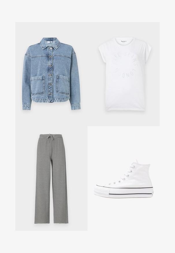 Hele sinine teksajakk, millel on kraega kaelus, nupuga kinnitused, kaks esikotti ja veidi lühem hem. Omab pleekinud tekstuuri.; Valge puuvillane t-särk ümmarguse kaelusega ja lühikeste varrukatega. Omab ringikujulist tekstimustrit väikestest punktidest, millel on kirjas "Pepe Jeans London."; Rööpjooneline must-valge lai jalgadega püksid, millel on sidumisvöökoht. Valmistatud pehmest kangast, millel on horisontaalsed rööpad ja lõdvestatud istuvus.; Valge kõrgem kangast tenniseking, millel on must kummist tald, ees kummist varvasetugi ja kuus aukku paelte jaoks, pakkudes puhta ja minimalistliku disaini.