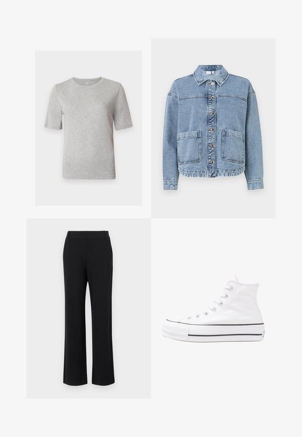 Light blue denim jacket with a collared neck, button closures, two front pockets, and a slightly cropped hem. Features a faded texture.; Gray short-sleeve t-shirt made of soft fabric. Features a crew neckline and a relaxed fit. Plain design without patterns or accents.; Black, flared trousers with a smooth texture, mid-rise waistband, and side pockets. Simple design without patterns or embellishments.; White high-top canvas sneaker with black rubber sole, front rubber toe cap, and six eyelets for laces, featuring a clean, minimalist design.