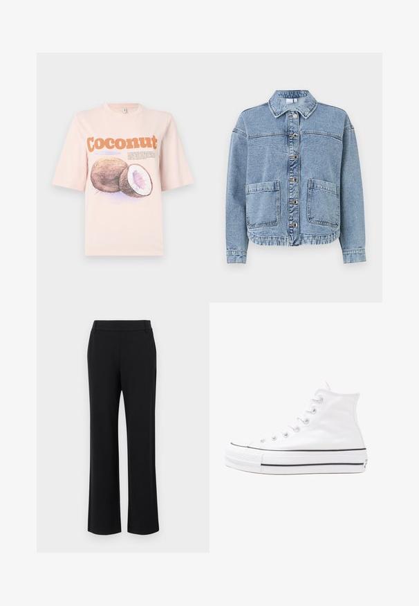Veste en denim bleu clair avec un col, fermetures à boutons, deux poches avant et un ourlet légèrement court. Texture décolorée.; T-shirt en coton rose clair avec un graphisme de noix de coco, accompagné de texte orange et violet. Manches courtes, coupe décontractée, texture lisse.; Pantalons noirs évasés avec une texture lisse, taille mi-haute et poches latérales. Design simple sans motifs ni embellissements.; Baskets montantes en toile blanche avec semelle en caoutchouc noir, capuchon en caoutchouc à l'avant, et six œillets pour les lacets, présentant un design épuré et minimaliste.