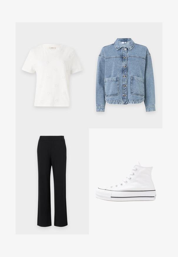 Hele sinine teksajakk, millel on kraega kaelus, nupuga kinnitused, kaks esikotti ja veidi lühem hem. Omab pleekinud tekstuuri.; Valge puuvillane T-särk lühikeste varrukatega, millel on väljatud lillemotiivid. Ümar kaelus, mugav lõige ja sile tekstuur.; Mustad, lai jalad: sileda tekstuuriga, keskmise tõusuga vöökoht ja küljetaskud. Lihtne disain ilma mustrite või kaunistusteta.; Valge kõrgem kangast tenniseking, millel on must kummist tald, ees kummist varvasetugi ja kuus aukku paelte jaoks, pakkudes puhta ja minimalistliku disaini.