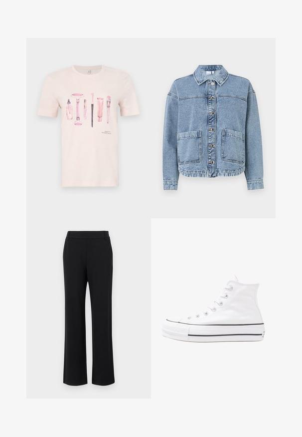 Jachetă din denim ușor albastru, cu guler, închidere cu butoane, două buzunare frontale și un tiv ușor scurtat. Prezintă o textură decolorată.; Tricou roz cu mânecă scurtă, având o grafica cu produse de frumusețe în diverse nuanțe de roz, cu textul "Esențiale de Frumusețe" în partea de jos.; Pantaloni negri, evazați, cu o textură netedă, talie medie și buzunare laterale. Design simplu, fără motive sau embellishments.; Adidași albi tip pantofi sport cu glezna din pânză, cu talpă din cauciuc negru, capac de vârf din cauciuc frontal și șase ochiuri pentru șireturi, având un design curat și minimalist.