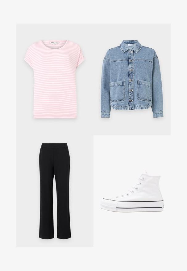 Šviesiai mėlynas džinsinis švarkas su apykakle, mygtukų uždarymu, dviem priekinėmis kišenėmis ir šiek tiek trumpu kraštu. Pasižymi išblukusiu tekstūru.; Pasidairinė šviesiai rožinė trumpomis rankovėmis marškinėliai su baltais horizontaliais dryžiais. Apvali iškirptė, švelni medžiaga ir laisvas kirpimas. Be matomų raštų ar akcentų.; Juodos, išsiplėtusios kelnės su lygiu tekstūru, vidutinio aukščio juosmens juosta ir šoninėmis kišenėmis. Paprastas dizainas be raštų ar papuošimų.; Balti aukštakulniai drobės sportbačiai su juodu guminio pado, priekinio guminio piršto dangteliu ir šešiais akytėmis raištams, pasižymintys švariu, minimalistiniu dizainu.