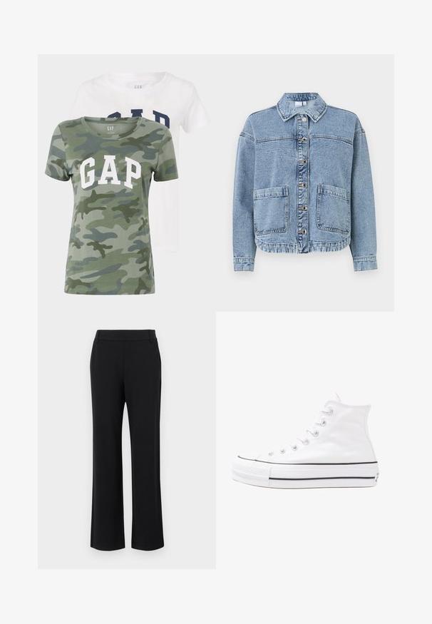 Šviesiai mėlynas džinsinis švarkas su apykakle, mygtukų uždarymu, dviem priekinėmis kišenėmis ir šiek tiek trumpu kraštu. Pasižymi išblukusiu tekstūru.; Du švarkai, kuriuose yra žalias kamufliažo raštas su baltu "GAP" logotipu, ir paprastas baltas marškinėlis su tamsiai mėlynu tekstu, pagaminti iš minkštos medvilnės.; Juodos, išsiplėtusios kelnės su lygiu tekstūru, vidutinio aukščio juosmens juosta ir šoninėmis kišenėmis. Paprastas dizainas be raštų ar papuošimų.; Balti aukštakulniai drobės sportbačiai su juodu guminio pado, priekinio guminio piršto dangteliu ir šešiais akytėmis raištams, pasižymintys švariu, minimalistiniu dizainu.