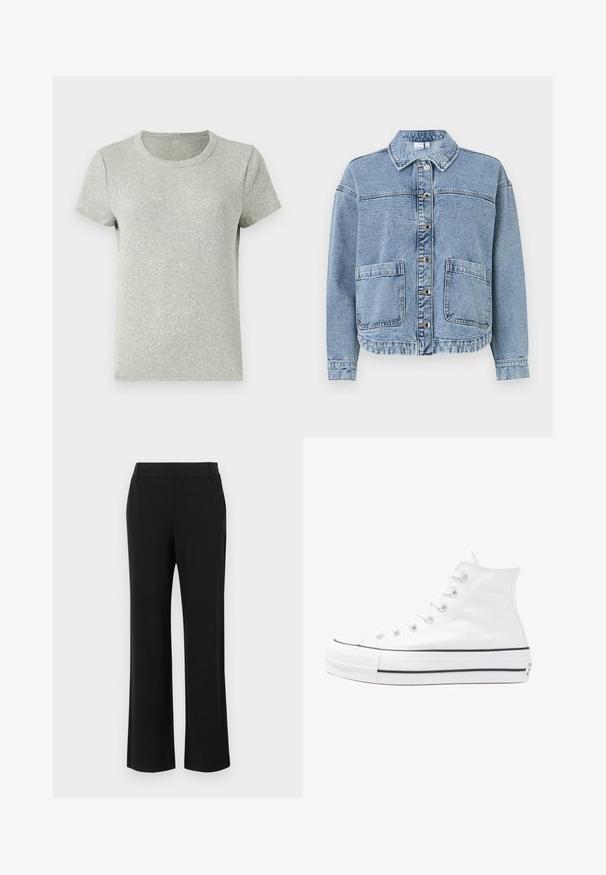 Chaqueta de mezclilla azul claro con cuello, cierres de botón, dos bolsillos frontales y un dobladillo ligeramente cortado. Presenta una textura deslavada.; Camiseta gris de manga corta con cuello redondo, hecha de tela de canalé. Textura suave con un corte regular y un diseño minimalista.; Pantalones negros de pernera acampanada con una textura suave, cintura de altura media y bolsillos laterales. Diseño simple sin patrones ni adornos.; Zapatilla de lona alta blanca con suela de goma negra, puntera de goma frontal y seis ojetes para los cordones, que presenta un diseño limpio y minimalista.