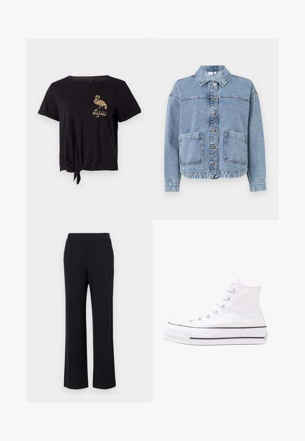 Jachetă din denim ușor albastru, cu guler, închidere cu butoane, două buzunare frontale și un tiv ușor scurtat. Prezintă o textură decolorată.; Tricou negru din bumbac moale, cu mâneci scurte, cu un nod în față și un grafic cu un flamingo aurit, alături de textul „Viața este totul despre BALANȚĂ”.; Pantaloni negri, evazați, cu o textură netedă, talie medie și buzunare laterale. Design simplu, fără motive sau embellishments.; Adidași albi tip pantofi sport cu glezna din pânză, cu talpă din cauciuc negru, capac de vârf din cauciuc frontal și șase ochiuri pentru șireturi, având un design curat și minimalist.