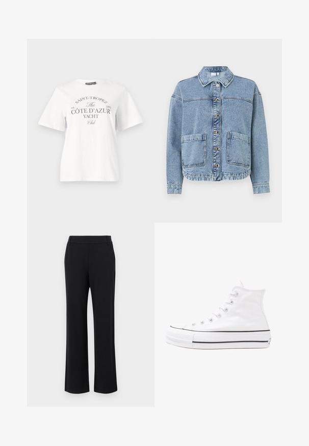 Vaaleansininen farkkutakki, jossa on kauluksellinen kaula, napitus, kaksi etutaskua ja hieman lyhennetty helma. Ominaisuuksiin kuuluu haalistunut pinta.; Valkoinen puuvillainen t-paita, jossa on lyhyet hihat, pyöreä kaula-aukko ja musta painatus, jossa lukee "SAINT-TROPEZ CÔTE D’AZUR YACHT Club."; Mustat, levenevät housut, joissa on sileä pinta, keskikorkea vyötärö ja sivutaskut. Yksinkertainen muotoilu ilman kuvioita tai koristuksia.; Valkoiset korkeavartiset kangaskengät mustalla kumipohjalla, edessä kuminen varvasosa ja kuusi nauha-aukkoa, puhtaan minimalistisella muotoilulla.