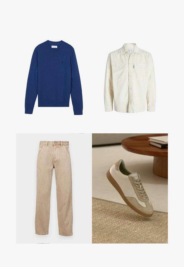 Off-white kordflorskjorta med lång ärm, knappframsida och två bröstfickor med lock och knappar.; Marinblå stickad tröja med rund halsringning, långa ärmar och ribbade muddar. Har en liten broderad logotyp på bröstet.; Beige denimjeans med rak passform, som har framfickor, metallknappstängning och subtil textur.; Lätt sneakers med ett överdel av vitt läder och beige mockadetaljer, rund tå och en texturerad brun gummisula.
