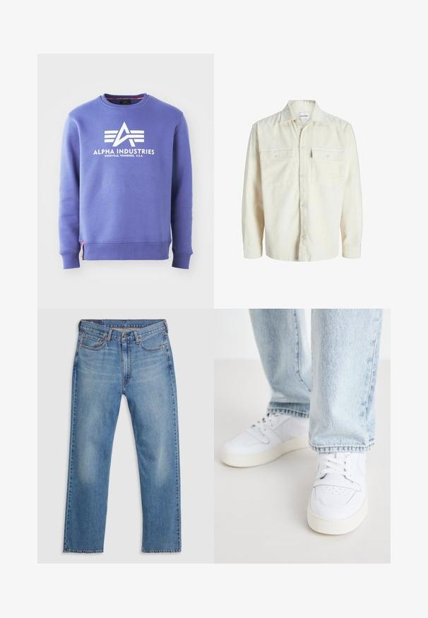 Off-white corduroy long-sleeve shirt with button front and two chest flap pockets with buttons.; Purple sweatshirt made of cotton, featuring a white "ALPHA INDUSTRIES" logo and horizontal stripes. Ribbed cuffs and hem with a tag detail.; Blue straight-leg denim jeans with front button and zipper closure, belt loops, and five-pocket design on a white background.; White leather low-top sneakers with perforated toe, flat laces, and minimalistic design. Paired with light blue denim jeans.