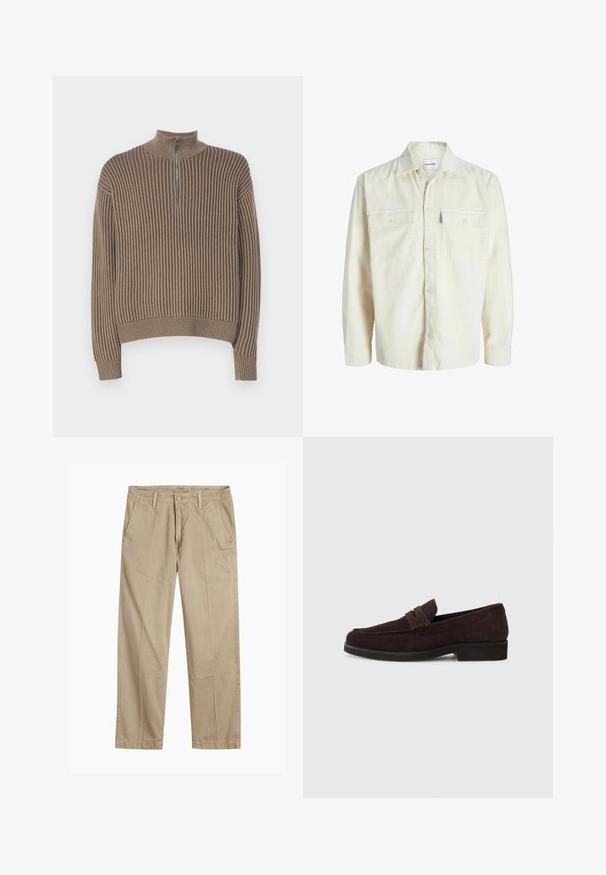 Krémová kordová košile s dlouhým rukávem, zapínání na knoflíky a dvěma náprsními kapsami s klopami na knoflíky.; Hnědý žebrovaný svetr s vysokým límcem a půl zipem, který má dlouhé rukávy a volný střih. Materiál je měkký a pletený.; Beige rovné chino kalhoty s poutky na opasek, zapínáním na přední knoflík a zip, a šikmými předními kapsami.; Hnědé semišové mokasíny s nízkým profilem a kulatou špičkou. Mají dekorativní pásek přes horní část, plochou gumovou podrážku a žádné viditelné švy.