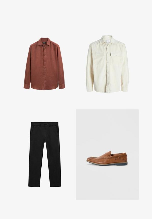 Off-white corduroy overhemd met lange mouwen, knoopsluiting aan de voorkant en twee borstzakken met klep en knopen.; Lange mouwen shirt van roestkleurig linnen, met een button-down voorkant, een klassieke kraag en effen manchetten. Gladde textuur met een lichte glans.; Zwarte katoenen broek met een rechte pijp, voorzakken en een klassieke knoopsluiting met een ritssluiting. Soepele textuur, nauwsluitende pasvorm.; Bruine leren instappers met een ronde neus, gestikte details en een lage rubberen zool. Het ontwerp heeft een band over de bovenkant.