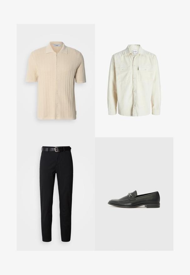Off-white corduroy pitkähihaine paita, jossa on napit edessä ja kaksi rintataskua, joissa on napit.; Vaalean kermanvärinen lyhythihainen paita, jossa on teksturoitu neulekuvio, nappikiinnitys edessä ja klassinen kaulus. Sisältää ribbikuvion koko paita.; Mustat housut suoran leikkauksen omaavina, joissa on sileä pinta ja musta nahkavyö hopeasolkineen. Yksinkertainen muotoilu, ei kuvioita tai koristeita.; Musta nahkakengät, joissa on sileä pinta, koristeelliset ompeleet ja metalliketjun yksityiskohta kengän päällä. Littee korko.
