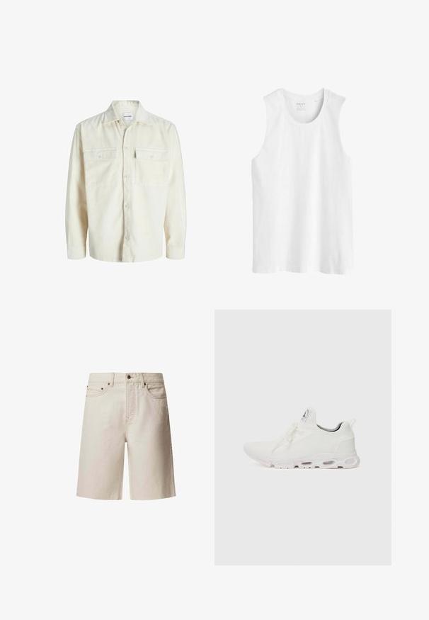 Kreemikas puuvillane kanepikleega pikkade varrukatega särk, millel on nupupaneel ja kaks nupukotiga rinna taskut.; Valge ilma varrukateta puuvillane särk. Omab ümmargust kaelaauku ja sirget helerooga, regulaarse lõikega ning ilma mustrite või kaunistusteta.; Bežid denim lühikesed püksid sirge lõikega, viie tasku, ülemise nupuga ja vööpaelteele. Sile tekstuur koos peente õmblusdetailidega.; Valged sportijalatsid, millel on tekstuuriga kudum peal, lame paelad ja pehmendatud tallad nähtavate õhukambritega täiendava toe jaoks.