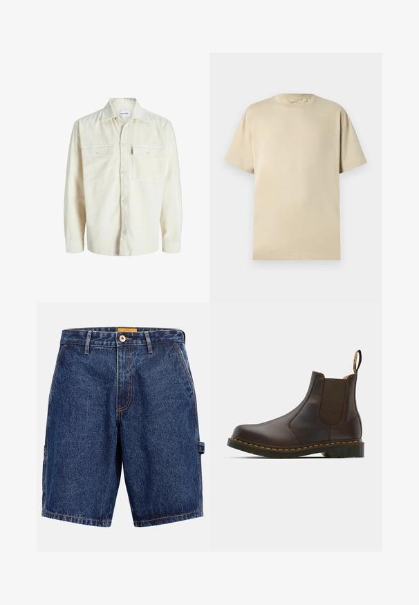 Kreemikas puuvillane kanepikleega pikkade varrukatega särk, millel on nupupaneel ja kaks nupukotiga rinna taskut.; Bež puuvillane T-särk ümmarguse kaelusega, lühikeste varrukatega ja vabalt lõigatud. Sile tekstuur, ilma nähtavate mustrite või aktsentideta.; Tumesinised teksapüksid heleda õmblusega, esikinnisega nuppude ja vööaasa ning vasakul pool laosakotiga.; Pruun nahkne Chelsea saabas elastsete külgpaneelide, tekstureeritud kontsaga ja kontrastse kollase tikandiga. Omab tõmbeasendit, mis võimaldab mugavat selga panemist.