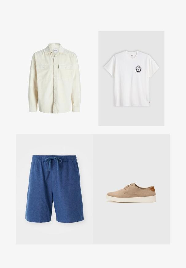 Oficialios baltos korėjos ilgomis rankovėmis marškiniai su mygtukais priekyje ir dviem krūtinės kišenėmis su mygtukais.; Balta medvilnė marškinėliai trumpomis rankovėmis, apvaliu kaklu ir juodu apvaliu logotipu kairėje krūtinės pusėje, su stilizuotu dizainu.; Mėlyni audiniai šortai su elastinga juostos juosta, su raišteliu ir šoninėmis kišenėmis. Trumpas ilgis su lygiu, tekstūruotu paviršiumi.; Bežiniai zomšiniai sportbačiai su apvaliomis pirštų dalimis, raišteliais priekyje ir tekstūruotu užkulniu. Balta guma suteikia kontrastą. Paprastas ir modernus dizainas.