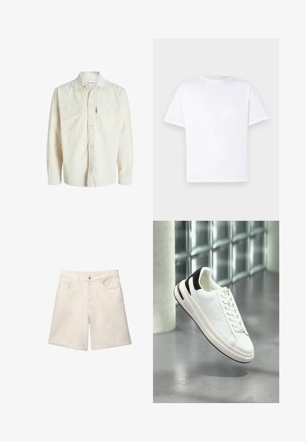Camicetta a maniche lunghe in corduroy avorio con bottoni frontali e due tasche al petto con pattina e bottoni.; T-shirt bianca in cotone con collo rotondo e maniche corte. Tessuto liscio, taglio dritto, senza motivi né dettagli. Solo vista posteriore.; Shorts in denim beige con vestibilità rilassata, design a cinque tasche e chiusura frontale con bottone. Il tessuto presenta una texture sottile e un orlo pulito.; Sneakers bianchi in pelle con accenti neri, chiusura a lacci piatta e suola texture. Presentano il logo "GUESS" sul lato e sulla linguetta.