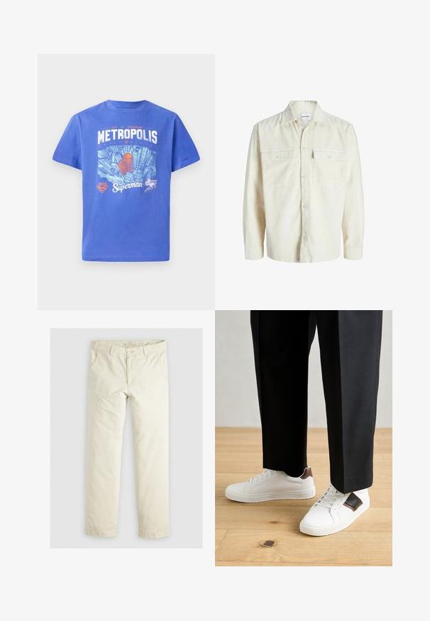 Krémová kordová košile s dlouhým rukávem, zapínání na knoflíky a dvěma náprsními kapsami s klopami na knoflíky.; Modrá bavlněná trička s krátkými rukávy. Obsahuje grafiku skyline Metropolis a logo Supermana v bílé a oranžové barvě. Design s kulatým výstřihem.; Svetlé béžové volné kalhoty s třemi kapsami, poutky na opasek a rovnými nohavicemi. Vyrobeno z měkké směsi bavlny.; Bílé tenisky s hladkým povrchem, s hnědými koženými akcenty a černými detaily, kombinované s černými kalhotami na míru. Pozadí tvoří dřevěná podlaha.