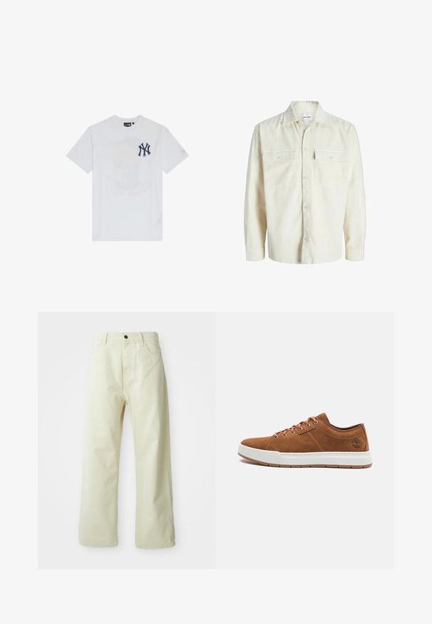 Camisa de terciopelo en color blanco roto, de manga larga, con botones en la parte frontal y dos bolsillos en el pecho con solapa y botones.; Camiseta de algodón blanca con un logo de los New York Yankees en azul marino y un sutil diseño impreso de un cubo de palomitas en el frente.; Pantalones de mezclilla de color amarillo claro y de pierna ancha, con cierre de botón frontal, cinco bolsillos y un diseño recto, sin adornos.; Zapatillas de ante marrón con suela de goma blanca, punta redonda, seis ojales metálicos y detalle de logotipo embosado en el lateral. Diseño clásico con cordones.
