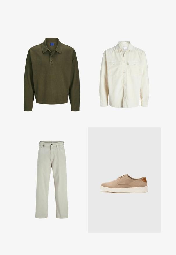 Off-white corduroy overhemd met lange mouwen, knoopsluiting aan de voorkant en twee borstzakken met klep en knopen.; Olijfgroen polo shirt met lange mouwen, gemaakt van gestructureerde stof. Heeft een kraag, een drieknoopsluiting en een ontspannen pasvorm.; Licht beige denim jeans met een recht model, vijf-pocket stijl en een knoopsluiting bij de taille, met minimale stikdetails.; Beige suède sneakers met een ronde neus, vetersluiting aan de voorkant en een getextureerde achteraccent. De witte rubberen zool zorgt voor contrast. Eenvoudig en modern ontwerp.