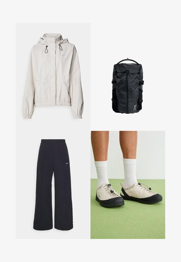 Veste zippée beige clair avec capuche, poignets élastiques et deux poches avant. Présente le logo Nike en argent sur le haut à gauche.; Sweatshirt noir à col rond, coupe décontractée et poignets côtelés. Présente un logo en relief subtil sur le devant. Matière douce avec une finition mate.; Pantalons larges noirs avec une taille élastique et un petit logo Nike blanc. Le tissu a une texture lisse, conçu pour le confort et un style décontracté.; Des chaussures beiges avec des accents noirs, des panneaux latéraux en maille et un système de laçage sécurisé à réglage rapide. Semelles en caoutchouc épaisses avec un motif de semelle. Portées avec des chaussettes blanches.; Sac à dos noir en tissu léger et texturé avec une fermeture éclair centrale, des bretelles réglables et une poignée supérieure. Présente un logo sur le côté.; Gants noirs en matériau synthétique au design ajusté, avec un logo visible et une paume texturée pour une meilleure prise. Comprend un détail de fermeture éclair.