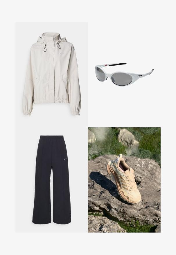 Vala beige zip-up takki, jossa on huppu, joustavat hihansuut ja kaksi etutaskua. Oikean yläkulman Nike-logo hopeisena.; Vaaleanvihreä pitkähihainen paita, joka on valmistettu teksturoidusta kankaasta. Paidassa on pyöreä kaula-aukko ja pieni logo vasemmassa rinnassa.; Mustat leveät housut, joissa on joustava vyötärönauha ja pieni valkoinen Nike-logo. Kangas on sileä, suunniteltu mukavuutta ja rentoa käyttöä varten.; Beige urheilusandaali, jossa on teksturoitu pinta, kumipohja ja verkkokankaiset yksityiskohdat. Varustettu huomaamattomalla brändäyksellä ja pehmustetulla varressa mukavuutta varten.; Valkoiset muoviset aurinkolasit suurilla soikeilla linsseillä, harmaasävyiset. Varusteena mustat korvavarret ja pieni logo kehyksessä. Sileä pinta.
