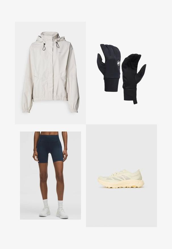 Helles beige Zip-Jacket mit Kapuze, elastischen Bündchen und zwei Fronttaschen. Auf der oberen linken Seite befindet sich das silberne Nike-Logo.; Langärmliges, hellgrünes Hemd aus strukturiertem Stoff, mit Rundhalsausschnitt und kleinem Logo auf der linken Brustseite.; Hochgeschnittene marineblaue Sportshorts aus dehnbarem Material, mit glatter Textur und Nahtdetails. Kombiniert mit weißen Sneakern.; Helle beige Sport-Sneaker mit durchscheinendem Obermaterial, dicker gepolsterter Sohle, seitlichen Schnürsenkeln und Vibram-Logo auf der Außensohle.; Schwarze Handschuhe aus synthetischem Material mit einer passgenauen Form, ausgestattet mit einem sichtbaren Logo und einer strukturierten Handfläche für besseren Halt. Enthält ein Reißverschlussdetail.