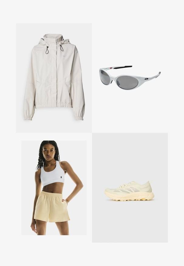 Veste zippée beige clair avec capuche, poignets élastiques et deux poches avant. Présente le logo Nike en argent sur le haut à gauche.; Chemise à manches longues de couleur vert clair faite d'un tissu texturé, présentant un col rond et un petit logo sur la zone de la poitrine gauche.; Un soutien-gorge de sport blanc et un short jaune clair se distinguent par une taille élastique, une texture lisse et une coupe décontractée avec des poches latérales.; Baskets de sport beige clair avec empeigne translucide, semelle épaisse et rembourrée, lacets sur le côté et logo Vibram sur la semelle extérieure.; Lunettes de soleil en plastique blanc avec de grandes lentilles ovales, teintées en gris. Caractéristiques de plaquettes noires et d'un petit logo sur la monture. Fini lisse.; Sac à dos noir en tissu léger et texturé avec une fermeture éclair centrale, des bretelles réglables et une poignée supérieure. Présente un logo sur le côté.; Gants noirs en matériau synthétique au design ajusté, avec un logo visible et une paume texturée pour une meilleure prise. Comprend un détail de fermeture éclair.