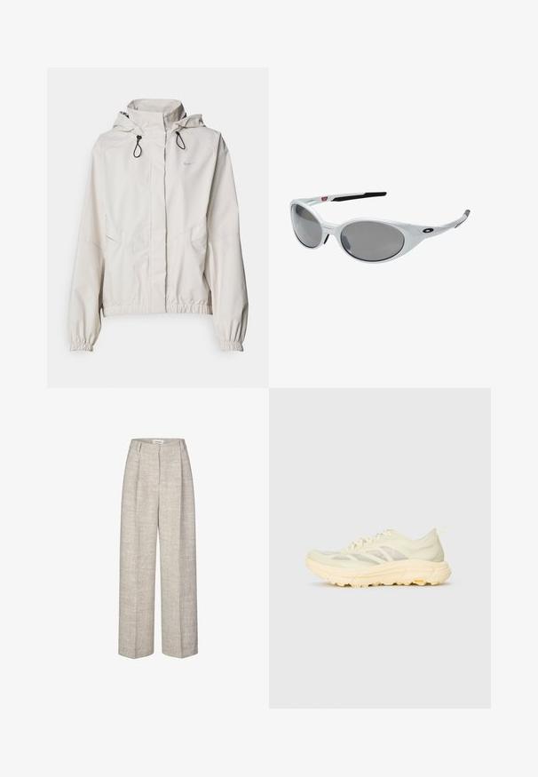 Ljusbeige zip-up jacka med huva, elastiska cuffs och två framfickor. Har Nike-logotypen i silver på övre vänstra sidan.; Långärmad ljusgrön skjorta i texturerad tyg, med rund halsringning och en liten logotyp på vänster bröstområde.; Ljust grå högmidjade byxor med en texturerad tyg, vida ben och två framfållade veck. Har ett framknäppning och bältesöglor.; Ljust beige idrottssko med genomskinlig ovandel, tjock dämpad sula, sidoremsor och Vibram-logga på yttersulan.; Vita plastsolglasögon med stora ovala linser, gråtonade. Har svarta örongrepp och en liten logotyp på ramen. Slät yta.; Svarta handskar av syntetmaterial med en åtsittande design, utrustade med en synlig logotyp och texturerad palm för grepp. Inkluderar en dragkedjedetalj.
