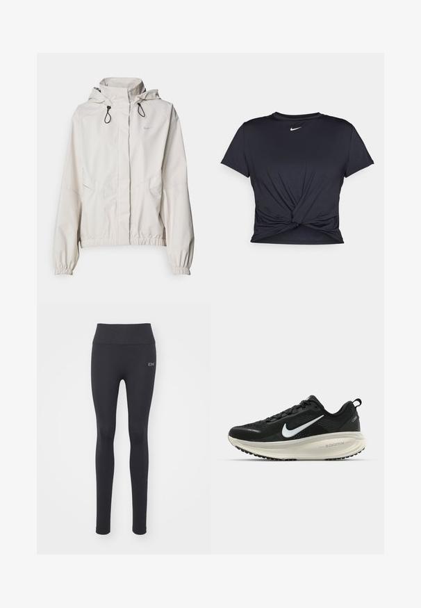 Világos bézs színű, kapucnis, cipzáras dzseki, elasztikus mandzsettákkal és két elülső zsebbel. Az előlap bal felső részén ezüst Nike logó található.; Fekete sportpóló sima anyagból, elöl megkötős dizájnnal, a mellkason egy kis fehér Nike logóval.; Fekete sport leggings sima textúrával, magas derékkal és varrott részletekkel. Elöl egy kis logó található.; Fekete Nike futócipő légáteresztő hálós felsőrésszel, fehér Swoosh logóval, textúrázott részletekkel és krém színű ZoomX középtalppal.
