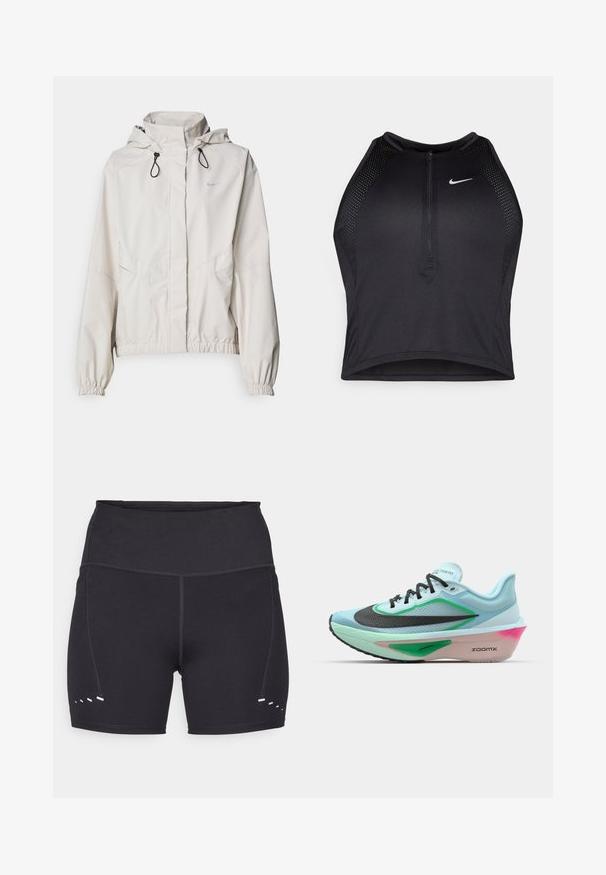 Light beige zip-up jacket with a hood, elastic cuffs, and two front pockets. Features the Nike logo in silver on the upper left.; Black athletic crop top with a zip-front, mesh accents, and a fitted design. Made from stretchy, breathable fabric. Nike logo on front.; Black athletic shorts with a smooth texture, high waistband, and contrasting white accents on the sides. Made from stretchy, breathable material.; Light blue running shoe with a textured black mesh upper, green accents, a pink-tinged midsole, and a rubber outsole. Features laces and branding.