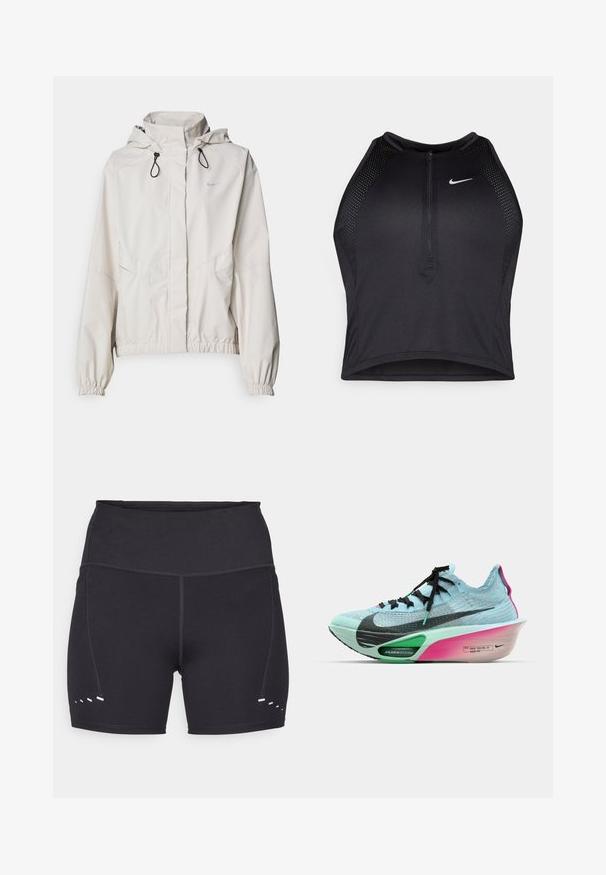 Light beige zip-up jacket with a hood, elastic cuffs, and two front pockets. Features the Nike logo in silver on the upper left.; Black athletic crop top with a zip-front, mesh accents, and a fitted design. Made from stretchy, breathable fabric. Nike logo on front.; Black athletic shorts with a smooth texture, high waistband, and contrasting white accents on the sides. Made from stretchy, breathable material.; Nike running shoe featuring a light blue knit upper, black accents, a green AIR ZOOM midsole, and a pink and white gradient outsole.