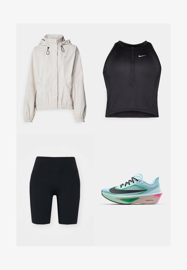 Jachetă crem deschis cu fermoar, cu glugă, manșete elastice și două buzunare frontale. Prezintă logo-ul Nike în argintiu în partea superioară stângă.; Top sportiv black, cu croială scurtă, cu fermoar în față, accente din plasă și un design ajustat. Fabricat dintr-un material elastic și respirabil. Logo-ul Nike pe față.; Șorturi de ciclism negre, cu talie înaltă, fabricate dintr-un material elastic cu o textură netedă, având buzunare laterale și un design ajustat.; Săptămâna sportivă de culoare albastru deschis, cu un superior din plasă texturată neagră, accente verzi, un talpă intermediară cu nuanțe de roz și o talpă din cauciuc. Are șireturi și branding.