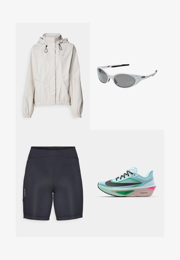 Vala beige zip-up takki, jossa on huppu, joustavat hihansuut ja kaksi etutaskua. Oikean yläkulman Nike-logo hopeisena.; Musta urheilullinen crop-top, jossa on vetoketjukiinnitys, verkkokankaiset yksityiskohdat ja istuva malli. Valmistettu joustavasta ja hengittävästä kankaasta. Nike-logo edessä.; Mustat urheilushortsit, joissa on sileä ja joustava kangas. Varustettu korkealla vyötäröllä ja logo-yksityiskohdilla sivuilla. Yksinkertainen, tyylikäs muotoilu.; Sepatu lari biru muda dengan bagian atas mesh hitam bertekstur, aksen hijau, midsole dengan nuansa merah muda, dan outsole karet. Dilengkapi dengan tali sepatu dan merek.; Valkoiset muoviset aurinkolasit suurilla soikeilla linsseillä, harmaasävyiset. Varusteena mustat korvavarret ja pieni logo kehyksessä. Sileä pinta.