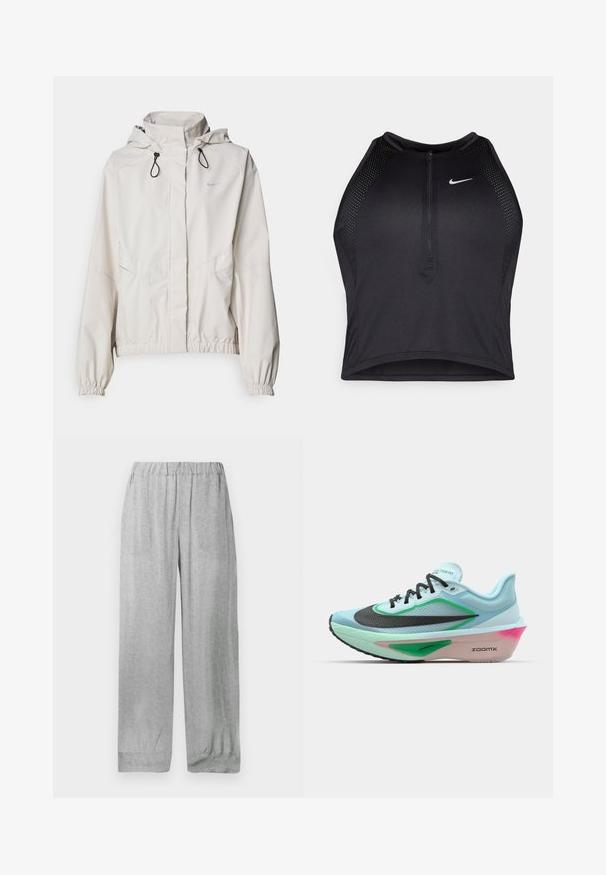 Vala beige zip-up takki, jossa on huppu, joustavat hihansuut ja kaksi etutaskua. Oikean yläkulman Nike-logo hopeisena.; Musta urheilullinen crop-top, jossa on vetoketjukiinnitys, verkkokankaiset yksityiskohdat ja istuva malli. Valmistettu joustavasta ja hengittävästä kankaasta. Nike-logo edessä.; Vaaleanharmaat resorivyötärölliset housut, joissa on hillitty valkoinen kukkakuosi kauttaaltaan, suoralahkeinen löysä leikkaus ja käännetyt lahkeensuut.; Sepatu lari biru muda dengan bagian atas mesh hitam bertekstur, aksen hijau, midsole dengan nuansa merah muda, dan outsole karet. Dilengkapi dengan tali sepatu dan merek.