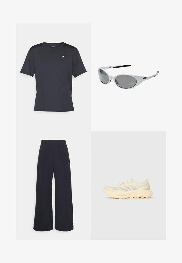 Jasno beżowa kurtka zapinana na zamek z kapturem, elastycznymi mankietami i dwoma przednimi kieszeniami. Posiada srebrne logo Nike na górnej lewej stronie.; Czarny t-shirt z krótkim rękawem, wykonany z gładkiego materiału. Posiada okrągły dekolt i małe logo w białym kolorze po lewej stronie klatki piersiowej.; Czarne spodnie typu wide-leg z elastycznym pasem i małym białym logo Nike. Materiał ma gładką teksturę, zaprojektowany z myślą o komforcie i codziennym noszeniu.; Jasno beżowy sportowy sneaker z przezroczystą cholewką, grubą wyściełaną podeszwą, bocznymi sznurowadłami oraz logo Vibram na zewnętrznej podeszwie.; Białe plastikowe okulary przeciwsłoneczne z dużymi owalnymi soczewkami o szarym zabarwieniu. Posiadają czarne wkładki na uszy oraz małe logo na ramce. Gładkie wykończenie.; Czarna plecak wykonany z lekkiego, teksturowanego materiału z centralnym zamkiem, regulowanymi paskami i uchwytem u góry. Posiada logo z boku.