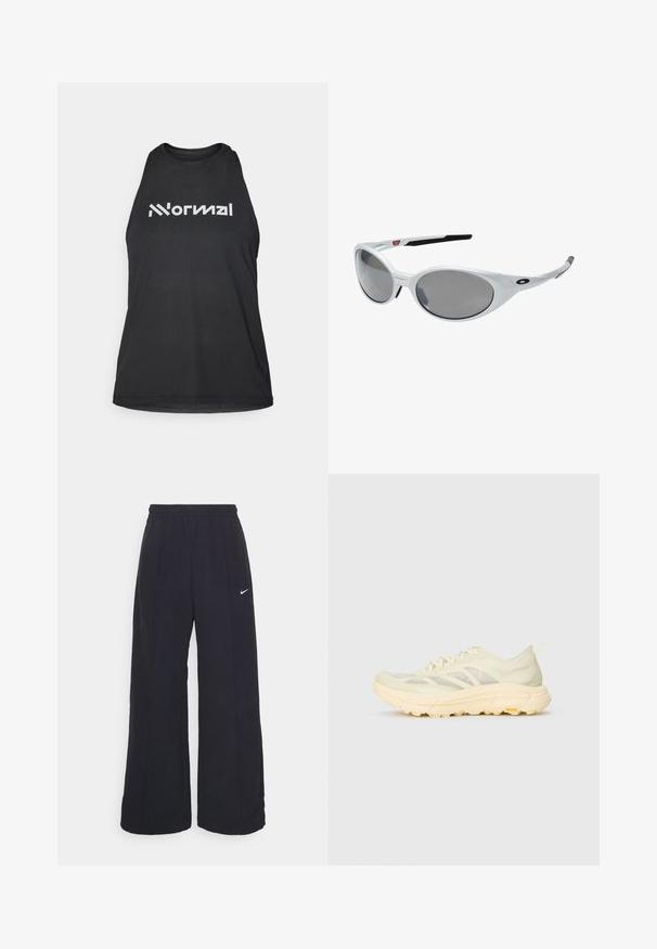 Lichtbeige ritsjack met capuchon, elastische manchetten en twee voorzakken. Bevat het Nike-logo in zilver op de bovenste linkerzijde.; Zwarte sportieve tanktop met een gestructureerde stof. Heeft een hoge halslijn en witte logo tekst "Normal" op de voorkant. Mouwloos ontwerp.; Zwarte wijde broek met een elastische tailleband en een klein wit Nike-logo. De stof heeft een soepele textuur, ontworpen voor comfort en casual gebruik.; Lichtbeige sport sneaker met transparante bovenkant, dikke gevoerde zool, veter aan de zijkant en Vibram-logo op de buitenzool.; Witte kunststof zonnebril met grote ovale lenzen, grijs getint. Voorzien van zwarte oorsteunen en een klein logo op het montuur. Gladde afwerking.; Zwarte handschoenen van synthetisch materiaal met een nauwsluitend ontwerp, voorzien van een zichtbaar logo en een textuur op de palm voor betere grip. Inclusief een ritsdetail.