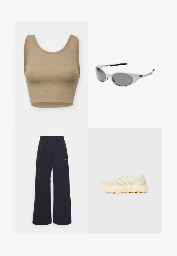 Light beige zip-up jacket with a hood, elastic cuffs, and two front pockets. Features the Nike logo in silver on the upper left.; Beige cropped tank top made of textured knit fabric with a round neckline and wide armholes, featuring a clean, simple cut and no fastenings.; Black wide-leg pants with an elastic waistband and a small white Nike logo. Fabric has a smooth texture, designed for comfort and casual wear.; Light beige athletic sneaker with translucent upper, thick cushioned sole, side laces, and Vibram logo on the outer sole.; White plastic sunglasses with large oval lenses, gray tinted. Features black ear grips and a small logo on the frame. Smooth finish.; Salomon ACTIVE SKIN 12 SET UNISEX - Hydration rucksack - black; Black gloves made of synthetic material with a fitted design, featuring a visible logo and textured palm for grip. Includes a zipper detail.