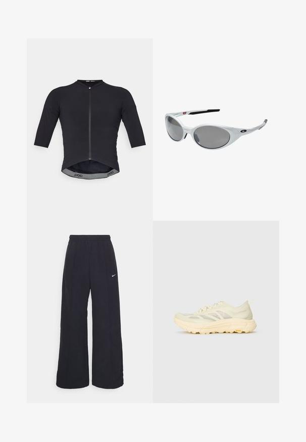 Giacca zip-up beige chiaro con cappuccio, polsini elasticizzati e due tasche anteriori. Presenta il logo Nike in argento sulla parte superiore sinistra.; Maglia da ciclismo nera con maniche a tre quarti, zip frontale, texture a coste e orlo curvo. Presenta il logo POC all'interno della cintura.; Pantaloni neri a gamba larga con cintura elastica e un piccolo logo Nike bianco. Il tessuto ha una texture liscia, progettata per il comfort e l'abbigliamento casual.; Sneaker atletica color beige chiaro con tomaia traslucida, suola spessa e ammortizzata, lacci laterali e logo Vibram suola esterna.; Occhiali da sole bianchi in plastica con grandi lenti ovali, leggermente grigie. Presentano gommature nere sulle orecchie e un piccolo logo sulla montatura. Finitura liscia.