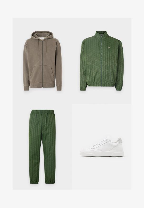 Groene ritsjack met een geometrisch patroon, hoge kraag, elastische manchetten en een Lacoste-logo op de borst. Lichtgewicht materiaal.; Zip-up hoodie in zachte olijfgroene kleur, gemaakt van een fijne stof. Beschikt over een capuchon met trekkoord, voorzakken en geribde manchetten. Eenvoudig ontwerp.; Witte t-shirt van katoen met een marineblauw en olijfgroene "LACOSTE SPORTSWEAR" logo dat in een gebogen ontwerp over de borst is gedrukt.; Groene sportbroeken met een elastische tailleband, taps toelopende benen en een geometrisch patroon. Gemaakt van lichtgewicht materiaal.; Witte leren sneakers met een gladde afwerking, ronde neus, platte veters en een gestructureerde zool. Grijze suède accent bij de hiel.