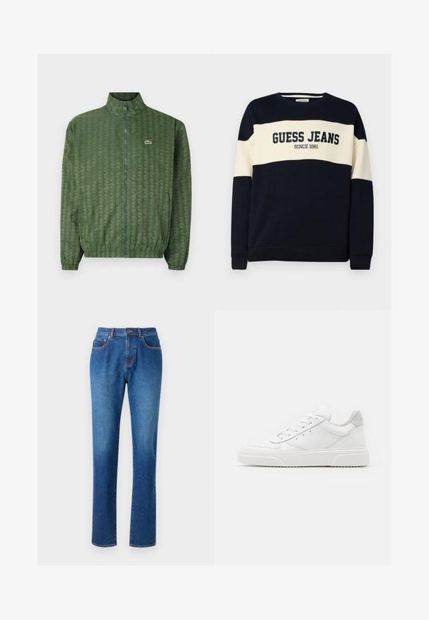 Chaqueta verde con cierre de cremallera y un patrón geométrico, cuello alto, puños elásticos y el logo de Lacoste en el pecho. Material ligero.; Sudadera de marina con raya horizontal beige, presenta el texto "GUESS JEANS" y el detalle "SINCE 1981". Fabricada en material de algodón suave.; Jeans de mezclilla azul con corte recto, cinco bolsillos, cinturilla con pasadores para cinturón y costuras contrastantes a lo largo de las costuras.; Zapatillas de cuero blanca con un acabado suave, punta redondeada, cordones planos y una suela texturada. Acento de ante gris en el talón.