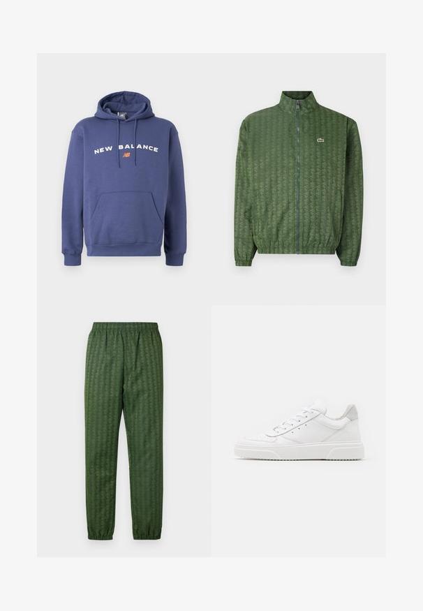 Jachetă verde cu fermoar, având un model geometric, guler înalt, manșete elastice și un logo Lacoste pe piept. Material ușor.; Hanorac bleumarin cu buzunar frontal tip kangaroo, șnur reglabil și logo "NEW BALANCE" în alb și portocaliu pe piept. Material moale.; Pantaloni atletici verzi cu model, cu talie elastică, picioare înguste și un design geometric în întreaga structură. Fabricat din material ușor.; Adidași din piele albă cu un finisaj neted, vârf rotunjit, șireturi plate și o talpă texturată. Accente din piele întoarsă gri la călcâi.