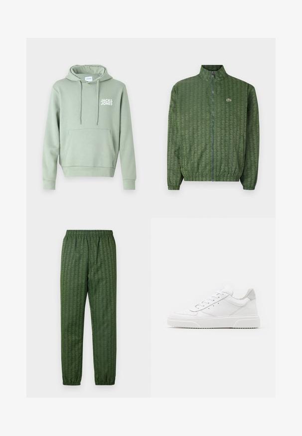 Green zip-up jacket with a geometric pattern, high collar, elastic cuffs, and a Lacoste logo on the chest. Lightweight material.; Jack & Jones JJECORP LOGO HOOD - Hoodie - iceberg green; Green patterned athletic pants with an elastic waistband, tapered legs, and a geometric design feature throughout. Made of lightweight material.; White leather sneakers with a smooth finish, rounded toe, flat laces, and a textured sole. Grey suede accent at the heel.